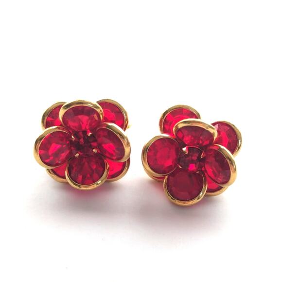 Vintage Estate Stunning Ruby Red Bezel Set Rhinestone Flower Clip On Earrings - Picture 1 of 4
